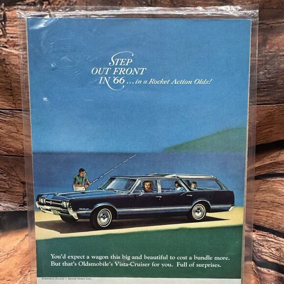 Vtg 1966 Oldsmobile Vista-Cruiser Station Wagon Car Magazine Print Ad Fishing - Picture 2 of 3